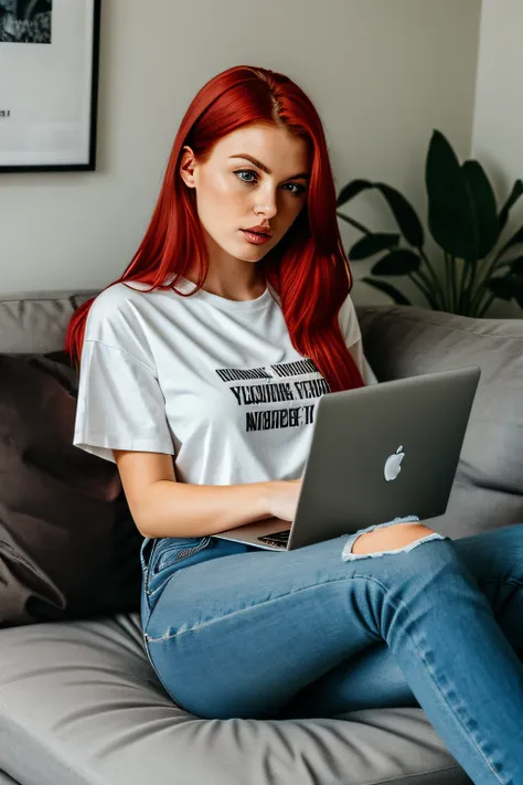 25 year old woman, pretty, stylish, red hair, blue eyes, sitting on her grey sofa, looking down at her LAPTOP, typing frantically on her LAPTOP, anxious, busy, cinematic, perfect body, perfect face, cinematic,dramatic,wearing ripped jeans, tee