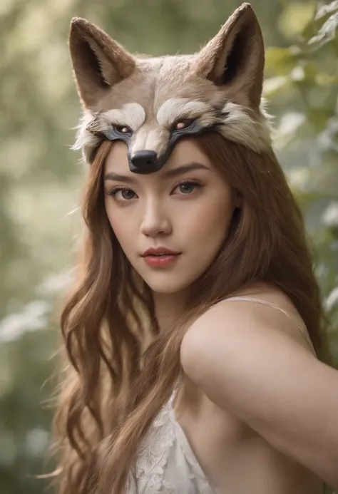 Draw a picture of Lalisa wearing a wolf mask, Capturing her duality between feminine beauty and the wild force of nature