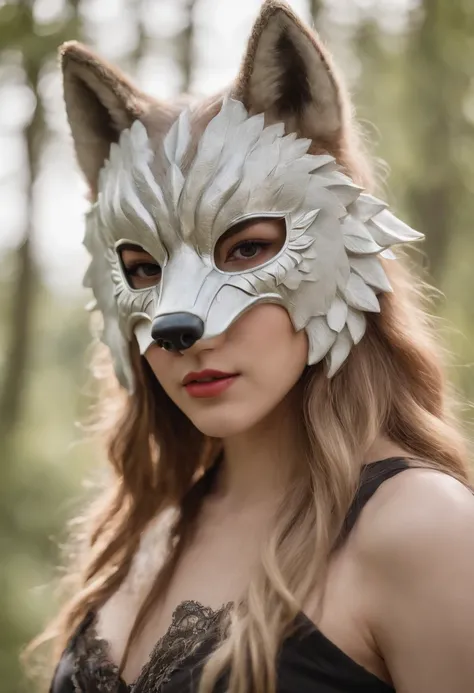 Draw a picture of Lalisa wearing a wolf mask, Capturing her duality between feminine beauty and the wild force of nature