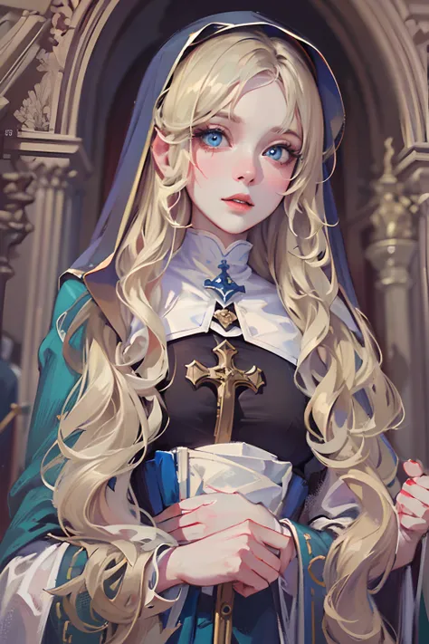 (best quality,4k,8k,highres,masterpiece:1.2),ultra-detailed,realistic,beautiful detailed blue eyes,beautiful detailed lips,extremely detailed face,long hair,1girl,beautiful blonde girl,wearing a nuns outfit,cute,attractive,church, retrato, detailed eyes