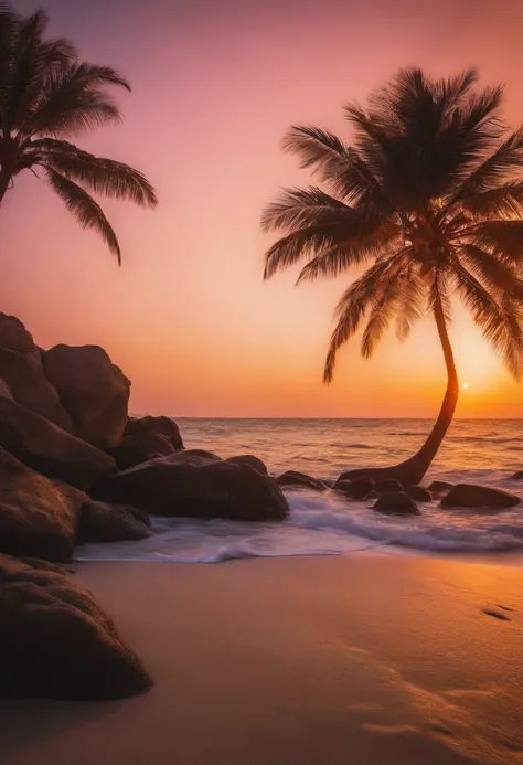 View of the beach with rocks and palm trees at sunset, Magical Beach, Colorful glow, beautiful sunset glow, colorful sunset, Glowwave, grand background, glowing colors, breathtaking colors, Make the waters shine, which shows a beach at sunset, Bright glitt...