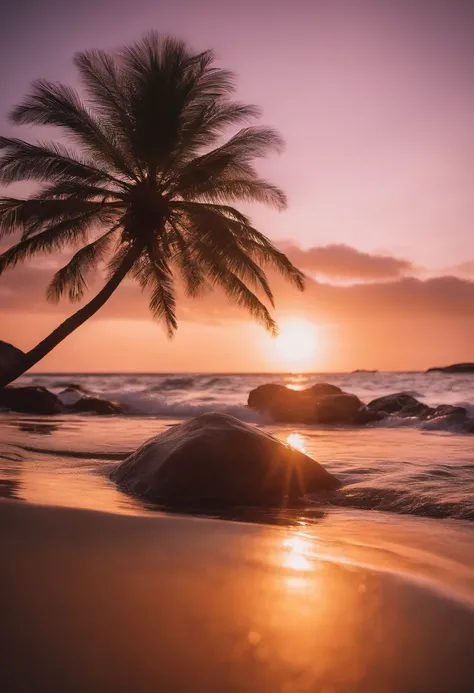 View of the beach with rocks and palm trees at sunset, Magical Beach, Colorful glow, beautiful sunset glow, colorful sunset, Glowwave, grand background, glowing colors, breathtaking colors, Make the waters shine, which shows a beach at sunset, Bright glitt...