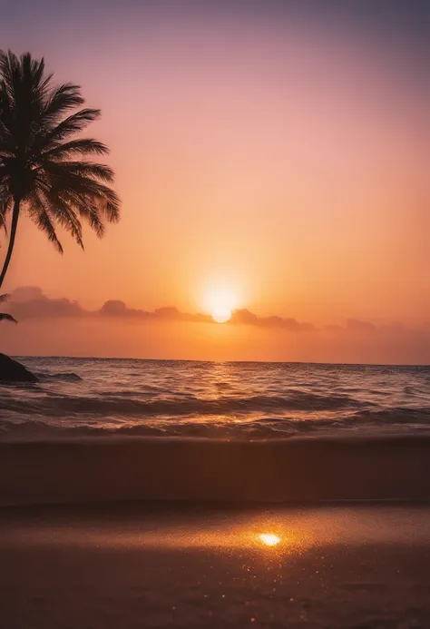 View of the beach with rocks and palm trees at sunset, Magical Beach, Colorful glow, beautiful sunset glow, colorful sunset, Glowwave, grand background, glowing colors, breathtaking colors, Make the waters shine, which shows a beach at sunset, Bright glitt...