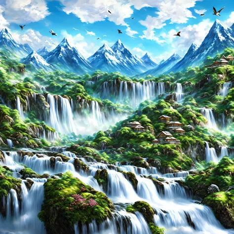 (Realistic landscape painting) + (blue sky) + (white clouds) + (mountain) + (water) + (waterfall) + (vegetation) + (birds) + (beautiful) + (healing) + (extreme details) + (high quality )+(8k art wallpaper), just like being in nature, with soft light and ex...