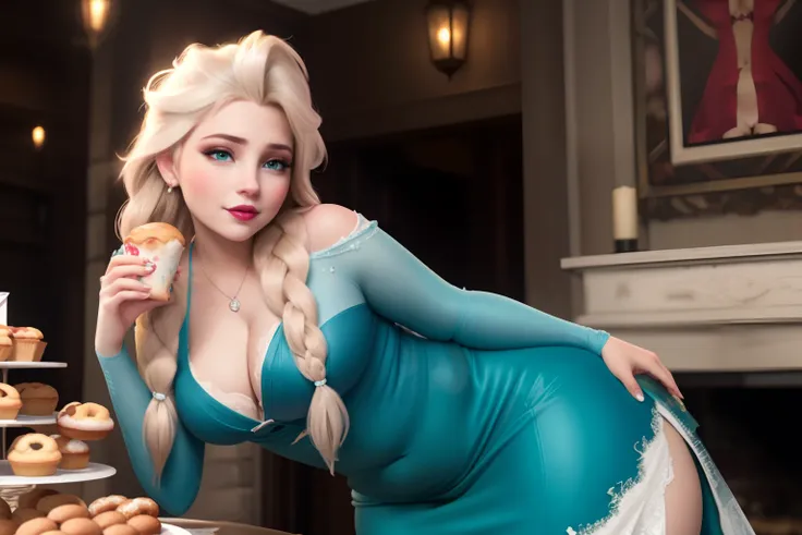 (masterpiece), (best quality), one girl, Elsa, perfect face, very beautiful face, ripped dress, torn dress, eating donuts, sexy, sexy pose, pleasure, cute face, thin face, very plump, fatty, young, small smile, cutie, very chubby, chubby belly, fat rolls, ...