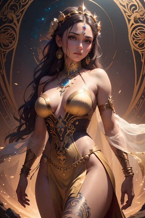 (A beautiful ornate female sand goddess cinematic, vestido dourado, tatuagem dourada do brilho), (Galactic Shaman with Quantum Energy Fantasy), magia de fantasia, penteado longo, noite escura clara, intrincado, Ethereal, foco nítido, illustration, altament...