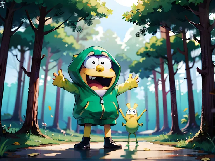 SpongeBob SquarePants wearing a hoodie and holding money while standing in the woods with a beer and wearing a chain