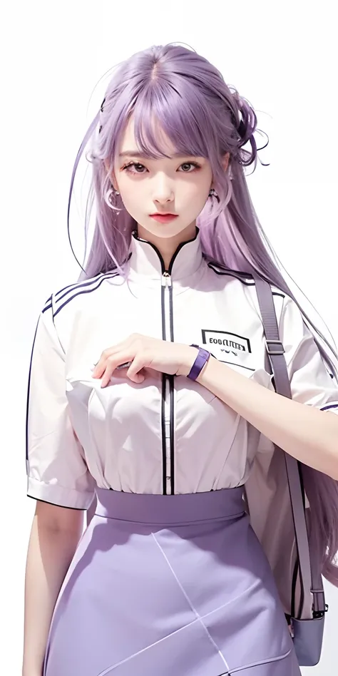 1girl, purple hair, purple eyes,white upper clothes,blue skirt, ultra detailed, masterpiece, realistic