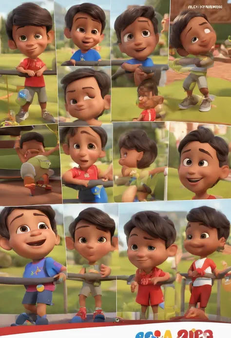 (Pixar 1.23 estilo) 1 menino ((parte superior do corpo frente, busto tiro)), solo, cute child, morena, tracksuit bonito, menino, korean child, playground, ((obra-prima, mais alta qualidade)), (composite lighting)title, placa, "Parque da alegria", children,...