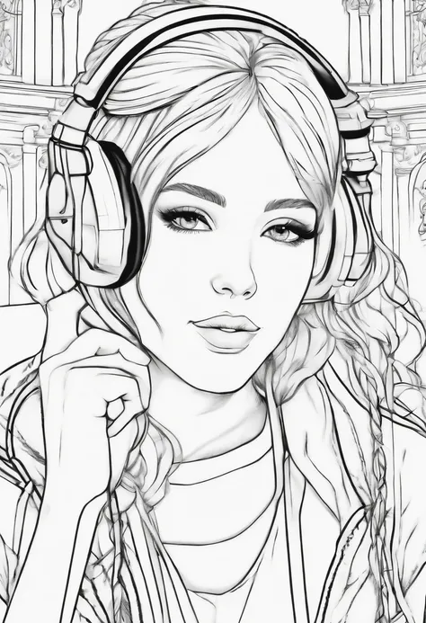 Coloring page of a girl with headphones on in anime style