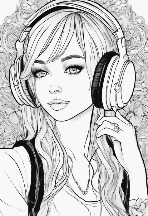 Coloring page of a girl with headphones on in anime style