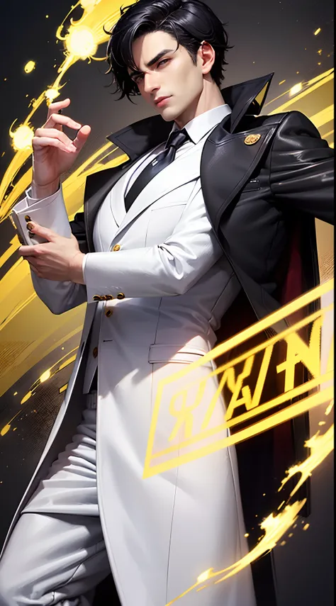 A crazy male scientist with black hair wearing a white coat with gold details