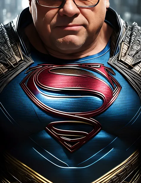 realistic detailed photo Danny DeVito as man of steel, blue superman eyes, intricate intricacy of woven armor, Behance, golden ratio, fibonacci background, vray, deep rich colors
  P