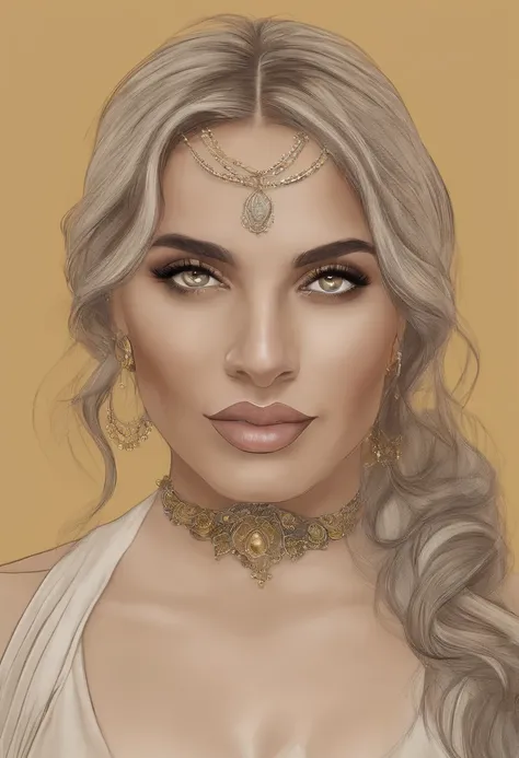 Kind, Dark-skinned Arab woman with white hair, white eyebrows, yellow eyes, large breasts, shortstack, strong, athletic, fit, white hair tied with a yellow ribbon. Wears yellow shirt tied, brown jeans, lots of gold jewelry and navel piercing. She is standi...