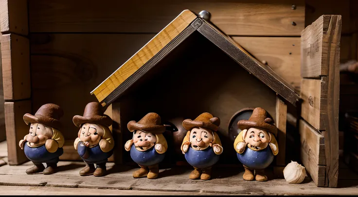 Images of the seven dwarfs in their little house, each carrying out their daily tasks, highlighting their unique personalities.