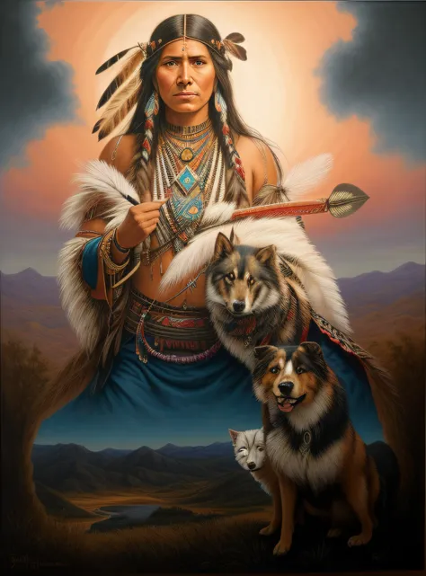 Painting of a native indigenous woman with a sword and a dog, Arte nativa americana, Nativo americano, Um guerreiro nativo americano, a shaman holding up the universe, warrior spirit, Guerreiro nativo americano, : native american shamen fantasy, xamanismo,...