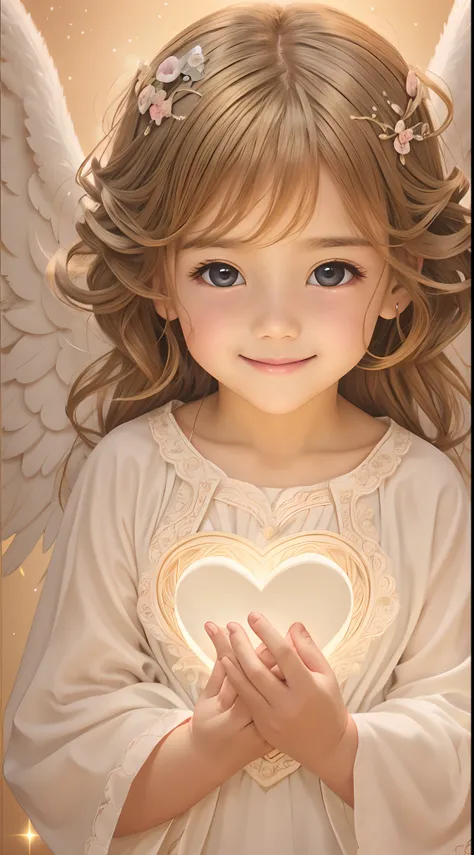 Blessings of Angels､Background Pink、holding a heart、tenderness､A smile、Gentle､Baby Angel、facing front、Looking at the camera