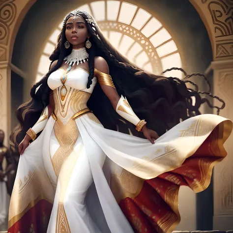 A woman with long hair wearing a white dress and royal jewelry, Mulher de 30 anos, africana, corpo perfeito, Realeza, wakanda