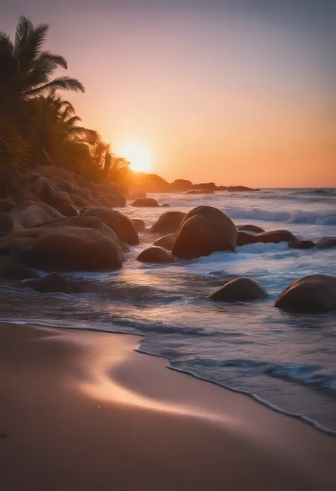 View of the beach with rocks and palm trees at sunset, Magical Beach, Colorful glow, beautiful sunset glow, colorful sunset, Glowwave, grand background, glowing colors, breathtaking colors, Make the water shine, which shows a beach at sunset, Bright glitte...