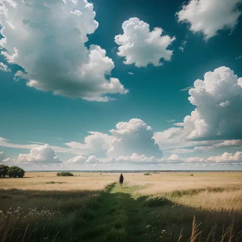 In a flat meadow and there was only a grass and someone running around, presented with a beautiful view of clouds and a wide sky, and the grass was shaken by a wind, hyper-realistic, ultra resolution, anime style, vast sky, cloud, best quality