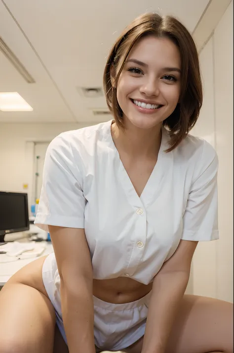 a single beautiful female veterinary technician, smiling with straight white teeth