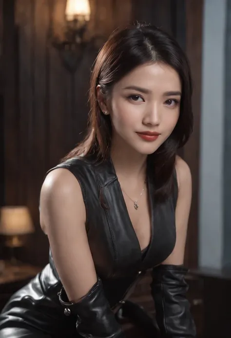 Wear black leather gloves on both hands, Upper body, Black leather rider jacket, Necklace on the chest, Smile in a modern den in the dark, black long straight hair, Young Japanese woman (Black leather gloves cover your hands) Fingers wearing black leather ...