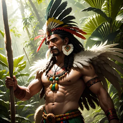 A Brazilian indigenous leader with a large feathered headdress and a bow in his hand in a rainforest.