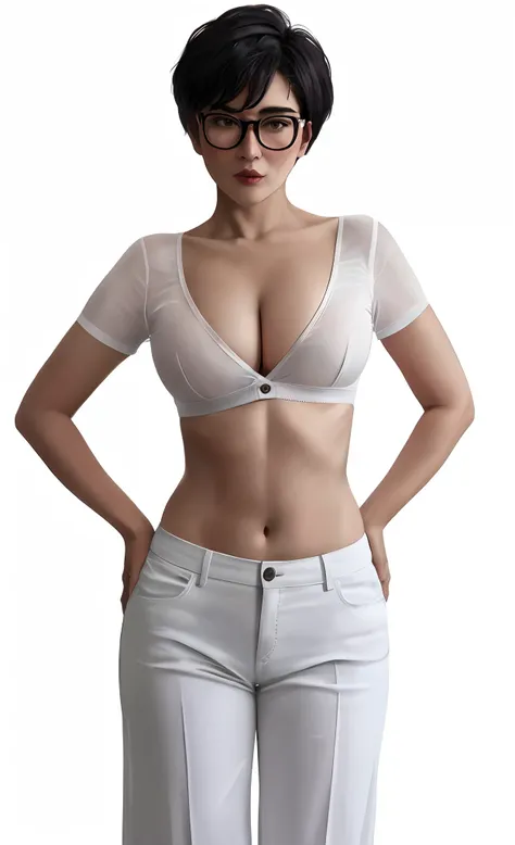 impudent spectacled very old aged elderly older mature cheeky intimidating confident master bossy lady, brazenly wears a very unbuttoned silk fit stretched overly skimpy midriff-shirt, that braless ladys belly-shirt completely bares her torso from her crot...