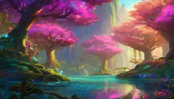 Epic, outside, Ultra HD, Masterpiece, Best quality, 8K, high resolution, ethereal fairytale forest, pink colours, soft lighting,
(2 lovely Navi kids, Tucker and Keeley, Have fun in the forests of the planet Pandora) (Tucker and Keeley: 1.5), (The tree of t...