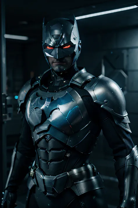 3D rendering of a [Batman | Cyborg] Highly detailed using cybernetics and intricate detail armor with armored plates, HDR, 8k, Subsurface dispersion, luz especular, alta resolução, octane rendering, Ray tracing in neon blue color background