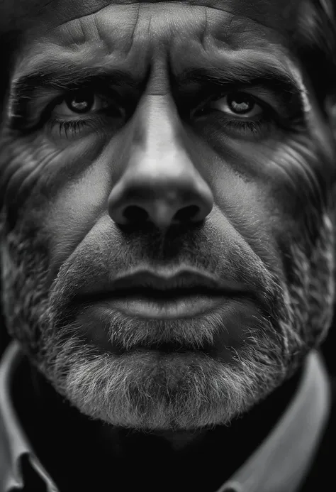 front face of a man looking down, sad, no beard, black and white hyper realistic image