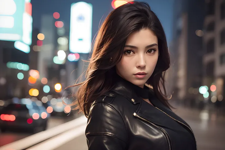 Portrait of anjo as a beautiful female model, georgia fowler, beautiful face, with short dark brown hair, in cyberpunk city at night. She is wearing a leather jacket, black jeans, dramatic lighting, (police badge:1.2)