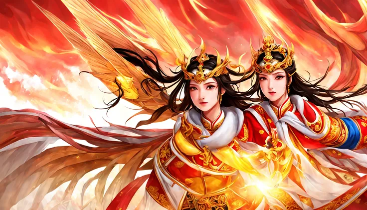 A female emperor, ancient Chinese imperial robe, majestic domineering, dragon flying phoenix dance, sunshine, clear face, clean white background, masterpiece, super detail, epic composition, ultra hd, high quality, extremely detailed, official art, uniform...