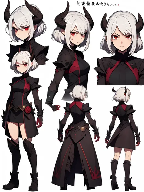 ((masterpiece)),(((best quality))),(character design sheet, same character, front, side, angry, happy, sad, annoyed, full body), devil woman, horns, white hair, Albio, red eyes