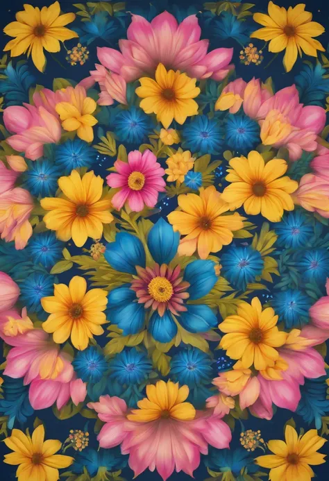 MANDALA WITH YELLOW BLUE AND PINK FLOWERS, SUPER REALISTIC IN 8K