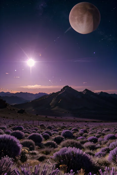 On another planet, a purple sun with ultra violet light and five large moons in the sky and mountains in the background, Alien vegetation nearby.