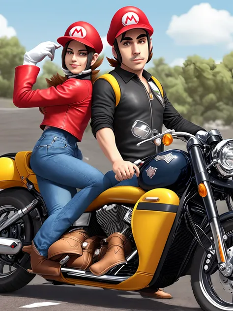 Personagem mario bros em uma moto harley Davidson