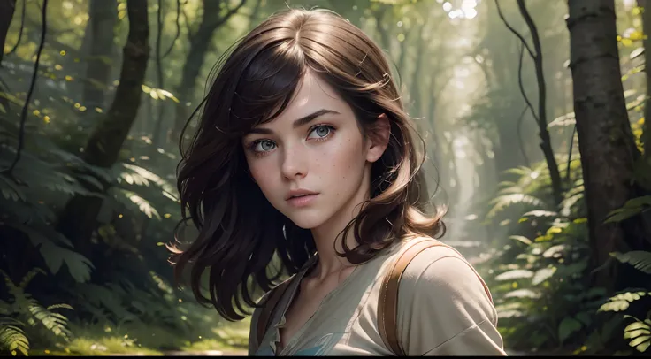 gwen tennyson,high-res,ultra-detailed,portraits,illustration,beautiful detailed eyes,beautiful detailed lips,brunette hair,freckles,fierce expression,strong girl,teenager,adventure style,casual clothes,holding magic staff,full-body shot,standing in an ench...