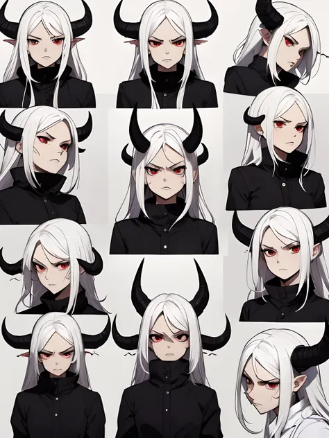 ((masterpiece)),(((best quality))),(character design sheet, same character, front, side), devil woman, horns, white hair, Albio, red eyes, long hair, wings, horns, annoyed, face only  multiple expressions, separated, pissed off, swear drop, shadow on face