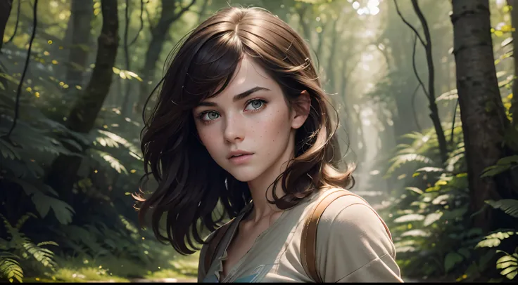 gwen tennyson,high-res,ultra-detailed,portraits,illustration,beautiful detailed eyes,beautiful detailed lips,brunette hair,freckles,fierce expression,strong girl,teenager,adventure style,casual clothes,holding magic staff,full-body shot,standing in an ench...