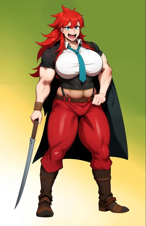 tomboy, warrior, berserker, tall female, muscular female, living hair,  sauvage,, medieval clothing, fantasy, fantasy weapon, huge breasts, barbarian pants,red hair, crazy smile, open mouth, biceps, necktie, thick arms,  hairy   red hair  body hair, pubick...