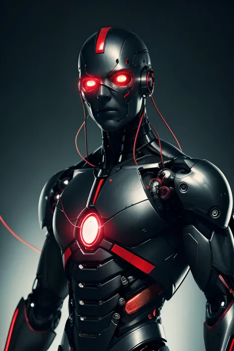 Cyborg Man, gloweyes, mechanical body and head, wires on the head, lifeless look, Damage to the body, higly detailed, Realistic full-length photo, Color: Black and red