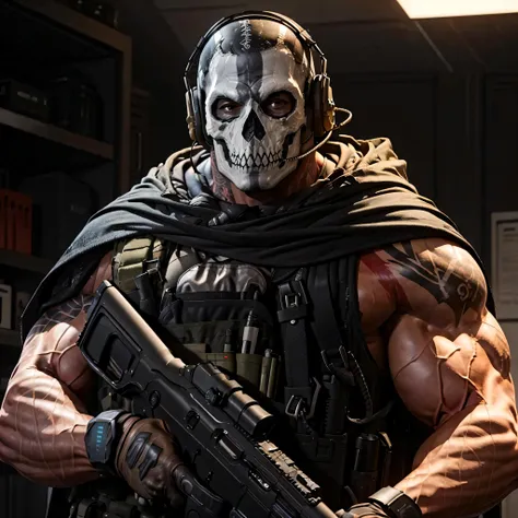 (best quality, good quality, 4k:1.3), (giant muscles:1.2), dark eyes, headphones, vest, holding gun, looking at viewer, tattoo, gh0st, cloak,