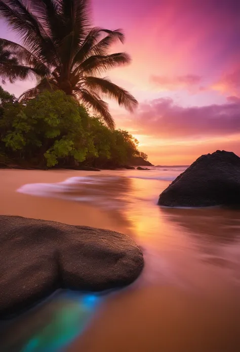 View of iridescent beach with iridescent rocks and iridescent palm trees at iridescent sunset, Rainbow Magical Beach, Colorful glow of iridescent colors, Beautiful rainbow sunset glow, Colorful sunset in rainbow colors, Iridescent glow wave, Magnificent ir...