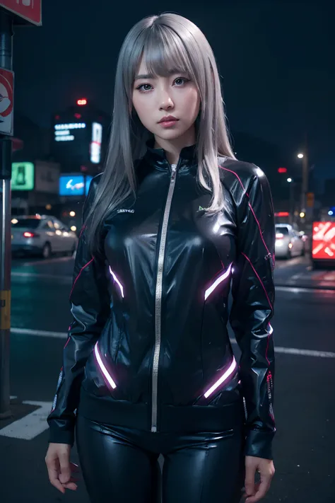 ((masutepiece)), ((Best Quality)), (Ultra-detailed), ((Extremely detailed)), 4K, (8K), Best Quality, (Beautiful), Gradation, One Woman,robot suit,Neon suit,Cute face,Big eyes,Cool Face,bobhair,Beautiful silver hair,Looking at Viewer,plein air,Night,Ruins,N...