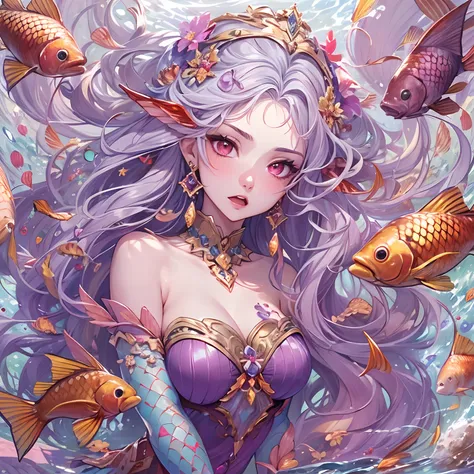 ((Masterpiece, Highest quality)), Detailed face, CharacterDesignSheet， full bodyesbian, Full of details, Multiple poses and expressions, Highly detailed, Depth, Many parts，Beautiful mermaid girl，Human fishtail，estilo fantasia，Extremely beautiful，High Balan...