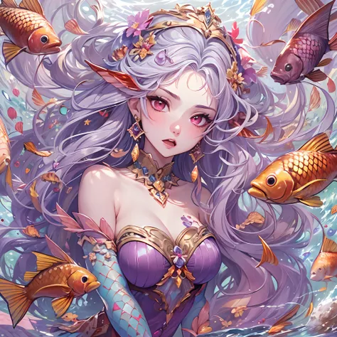 ((Masterpiece, Highest quality)), Detailed face, CharacterDesignSheet， full bodyesbian, Full of details, Multiple poses and expressions, Highly detailed, Depth, Many parts，Beautiful mermaid girl，Human fishtail，estilo fantasia，Extremely beautiful，High Balan...