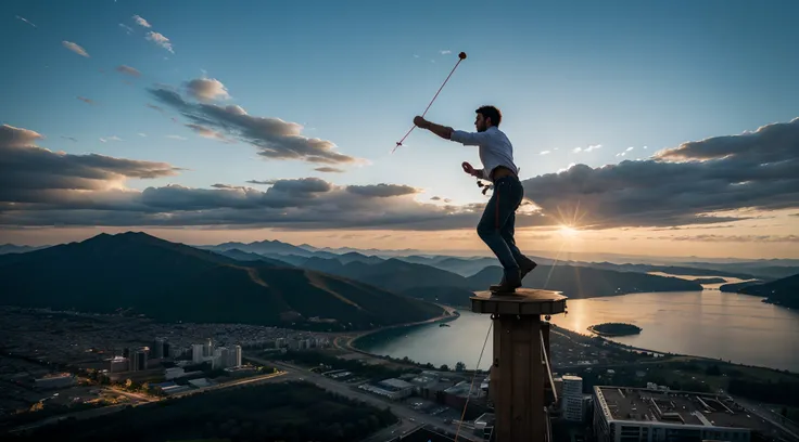 a man walking on the tightrope at great heights