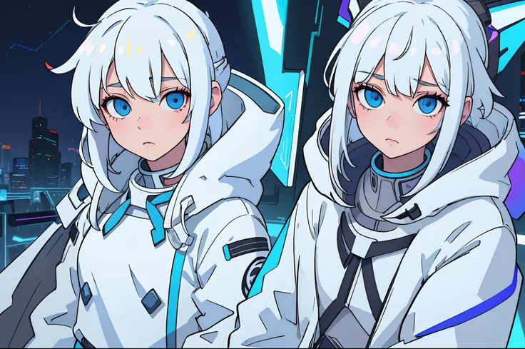 1girl,mecha girl ,Albino, cute, white hair, blonde hair, beautiful, long hair, blue eyes, wearing a parka jacket, cyberpunk jacket, hair with a ribbon,night light ((8k, UHD, ultra realistic))