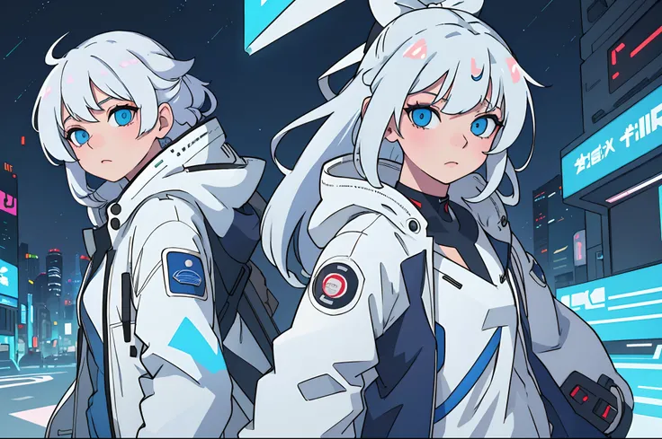 1girl,mecha girl ,Albino, cute, white hair, blonde hair, beautiful, long hair, blue eyes, wearing a parka jacket, cyberpunk jacket, hair with a ribbon,night light ((8k, UHD, ultra realistic))